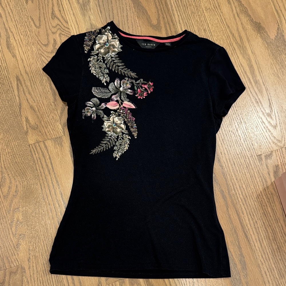 Ted Baker Black Top with Floral Embroidery